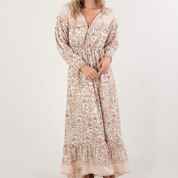 LOVESTITCH Reverie Floral Bohemian Maxi Dress Tan - Picture 1 of 8
